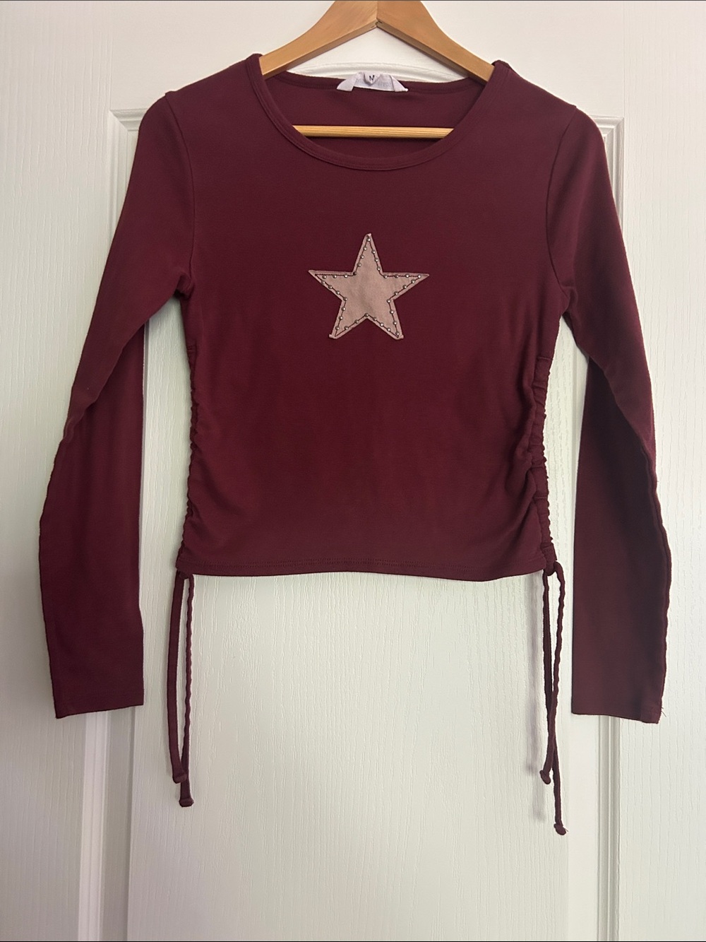 Grayson Threads Burgundy Long Sleeve Top with Beige Star & Side Ties